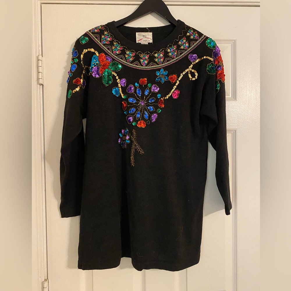 SML. Embellished Black Women's Sweater Multicolor Sequin Detail. Vintage. Medium